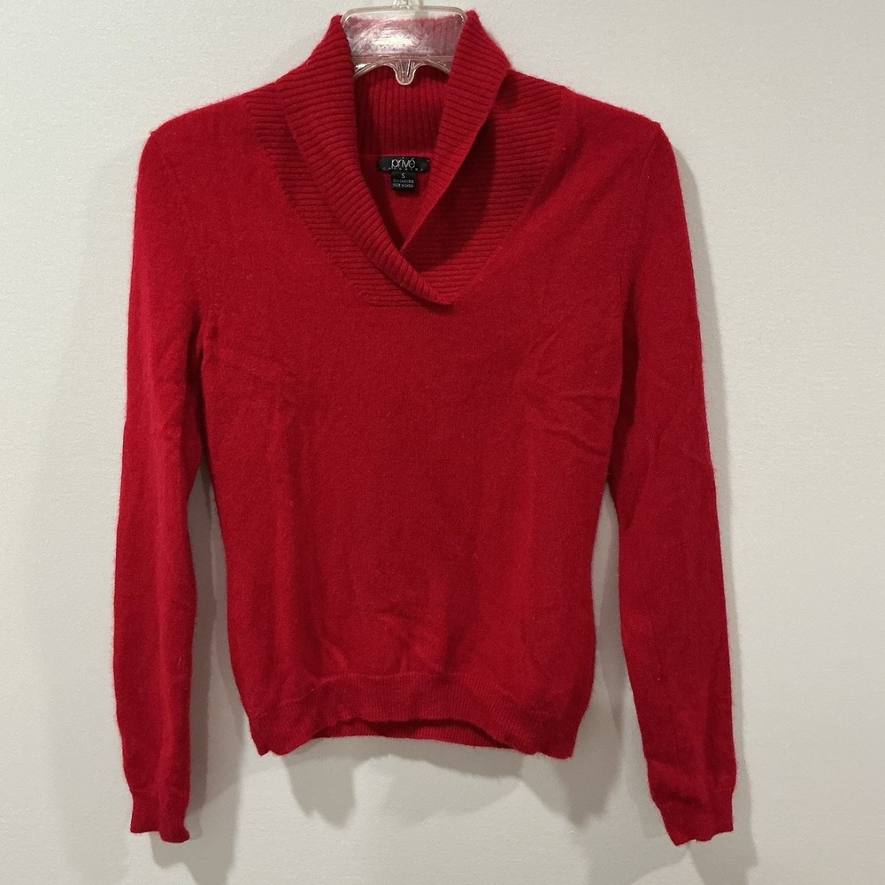 Prive‎ Cashmere Sweater Womens S Red Shawl Collar Pullover Cozy Luxury Old Money